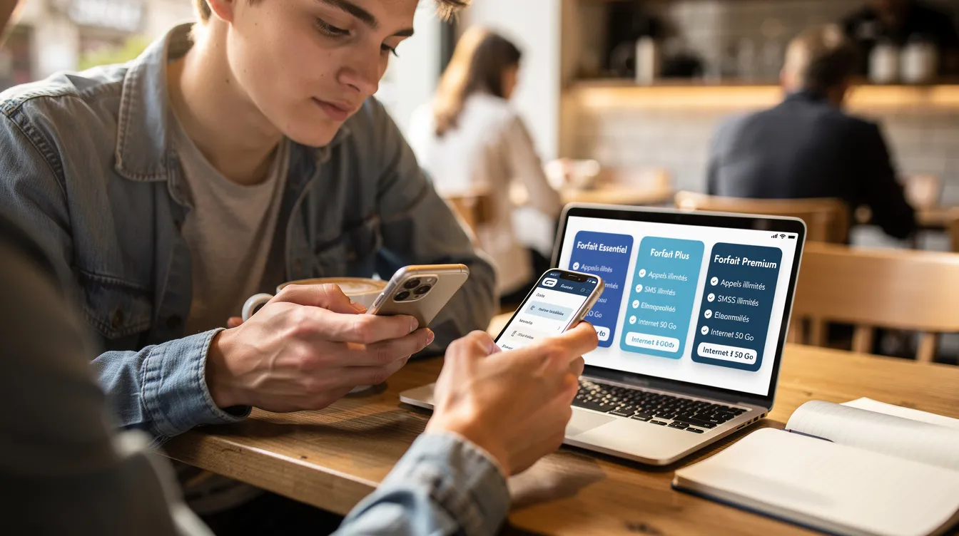 Une personne est assise dans un café, utilisant son téléphone Samsung Galaxy pour comparer différents forfaits cellulaires, tels que Public Mobile et Lucky Mobile. Elle consulte des sites pour vérifier les meilleures offres et s'informer sur les services disponibles, tout en réfléchissant à ses besoins en matière de données et d'appels.