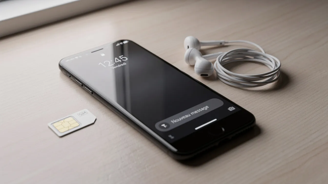 Une photo réaliste montre un téléphone intelligent, probablement un Samsung Galaxy ou un Google Pixel, posé à côté d'une carte SIM et d'écouteurs. Cette image évoque l'univers de la téléphonie mobile et les choix de forfaits cellulaires disponibles pour les Canadiens.