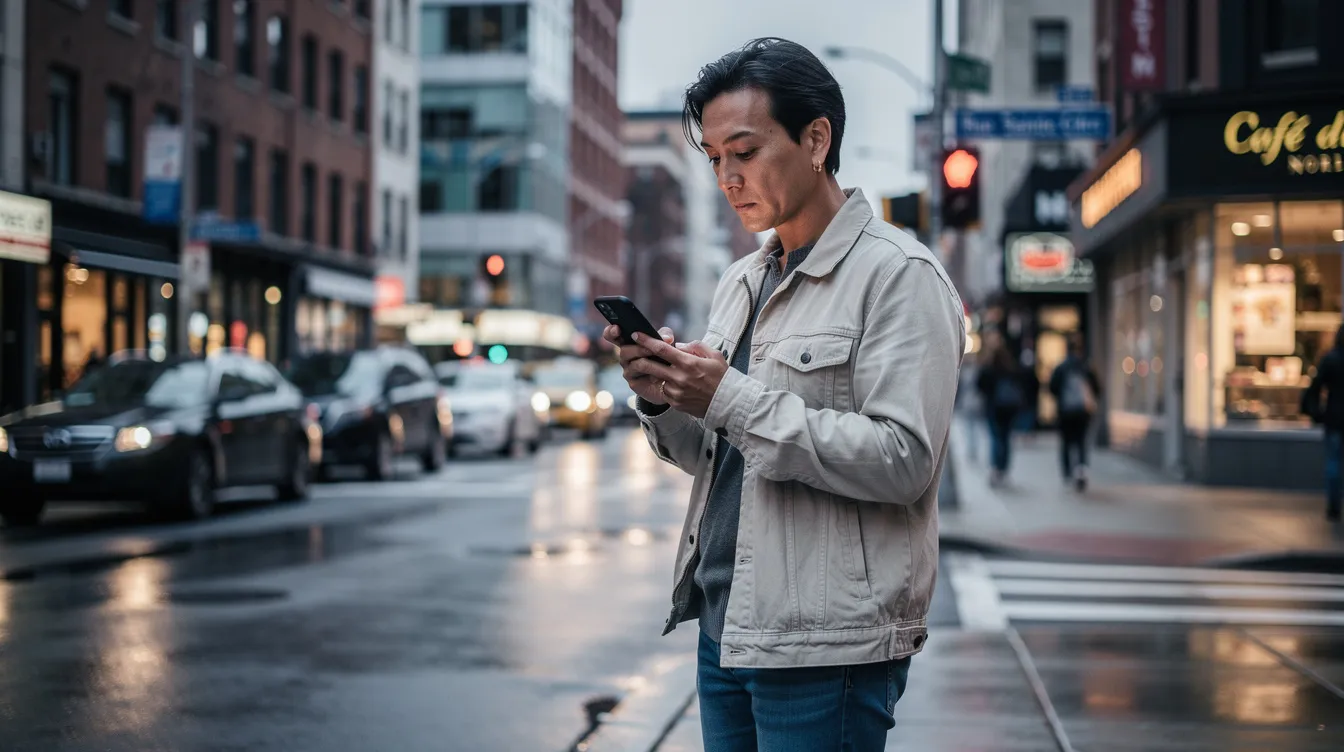 Une personne utilise son téléphone, probablement un Samsung Galaxy ou un Google Pixel, dans une rue urbaine canadienne. Elle semble vérifier ses réseaux sociaux ou consulter des informations sur les forfaits cellulaires, illustrant ainsi l'importance de la téléphonie mobile dans la vie quotidienne des Canadiens.