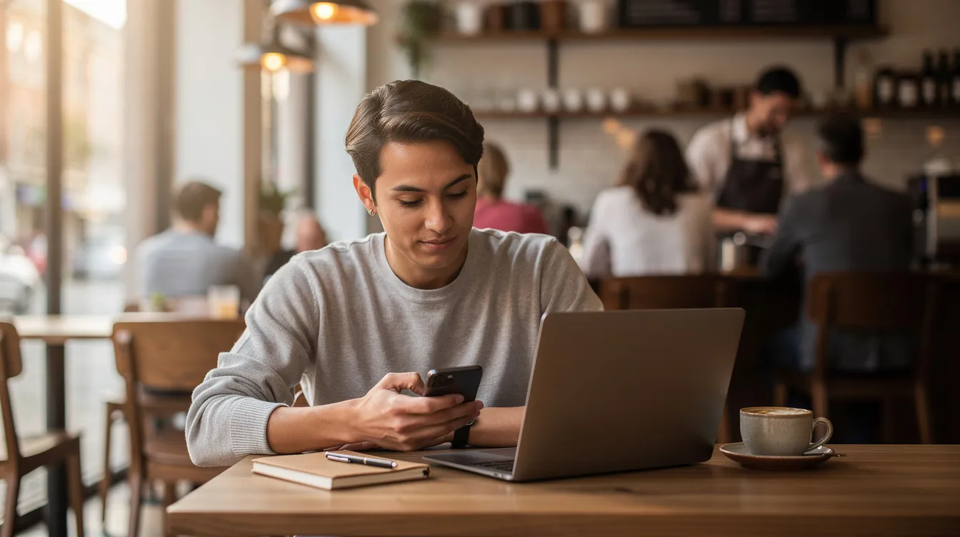 Une personne est assise dans un café, consultant son téléphone mobile tout en ayant un ordinateur portable ouvert devant elle. On peut imaginer qu'elle recherche des informations sur les forfaits de téléphonie mobile ou des services liés à son abonnement.
