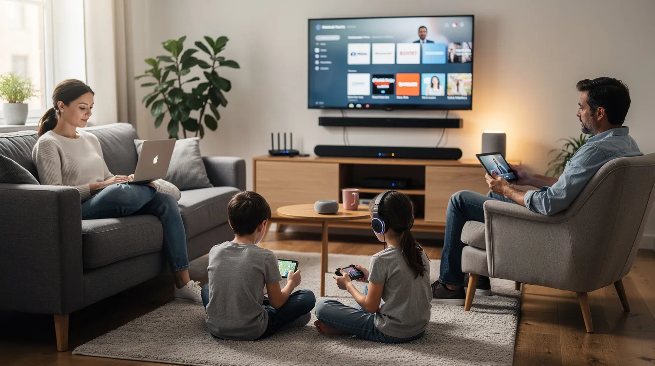 Une famille est assise dans un salon confortable, utilisant divers appareils électroniques connectés tels qu'une télévision, une tablette et un téléphone. L'image illustre l'importance des services de télécommunication et d'internet dans le quotidien des consommateurs au Québec.