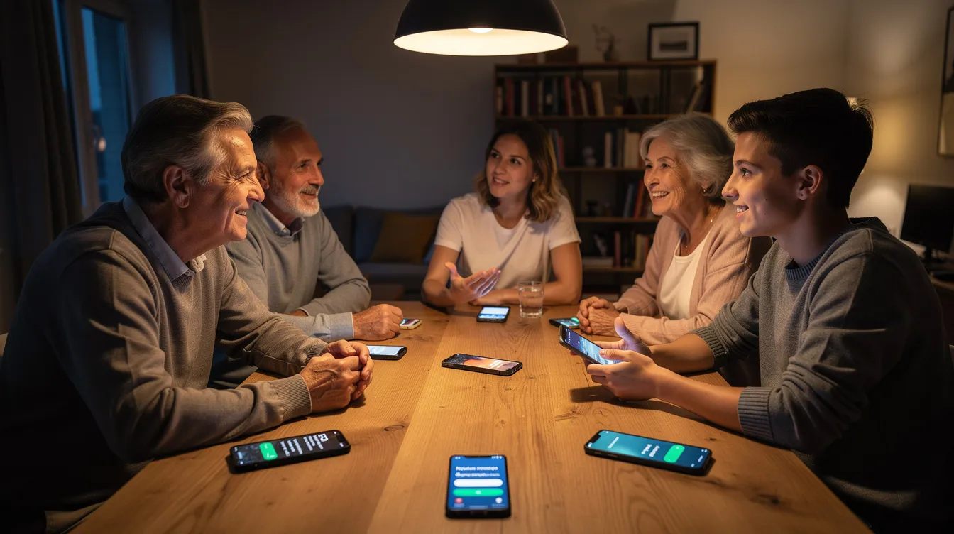 Une famille souriante est assise autour d'une table, discutant joyeusement tout en utilisant plusieurs téléphones. Les appareils sont visibles, suggérant des conversations sur des forfaits cellulaires, des appels et textos illimités, ainsi que sur les meilleures offres disponibles au Canada.