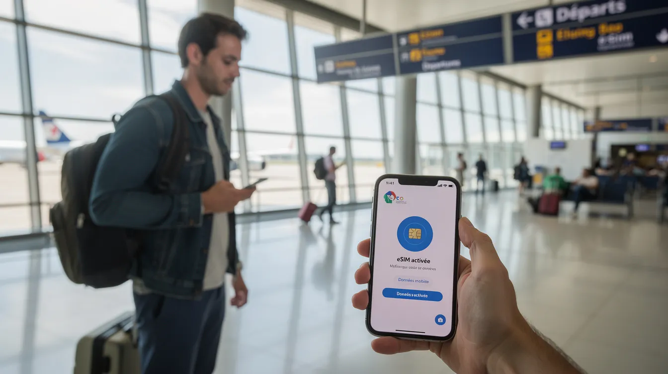 Un voyageur utilise une eSIM sur son téléphone, un Samsung Galaxy, dans un aéroport animé, entouré de passagers et de bagages. L'image illustre l'importance de la téléphonie mobile et des forfaits cellulaires pour rester connecté lors de ses déplacements, notamment avec des données illimitées et des appels et textos au Canada et aux États-Unis.
