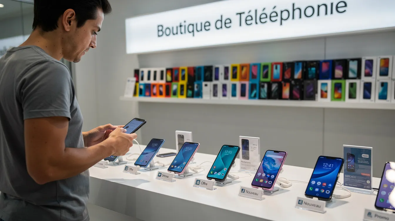 Une personne tient un smartphone dans une boutique de téléphonie, en train de comparer différents modèles de téléphones mobiles. Le comptoir est rempli d'appareils et d'options de forfaits, tandis que des affiches sur les murs présentent des offres et des services disponibles.