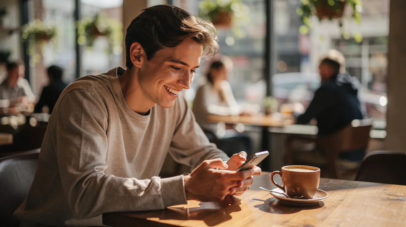 Un jeune adulte souriant est assis dans un café, regardant son téléphone cellulaire. L'ambiance est conviviale et moderne, illustrant un moment de détente tout en étant connecté aux services de télécommunication.