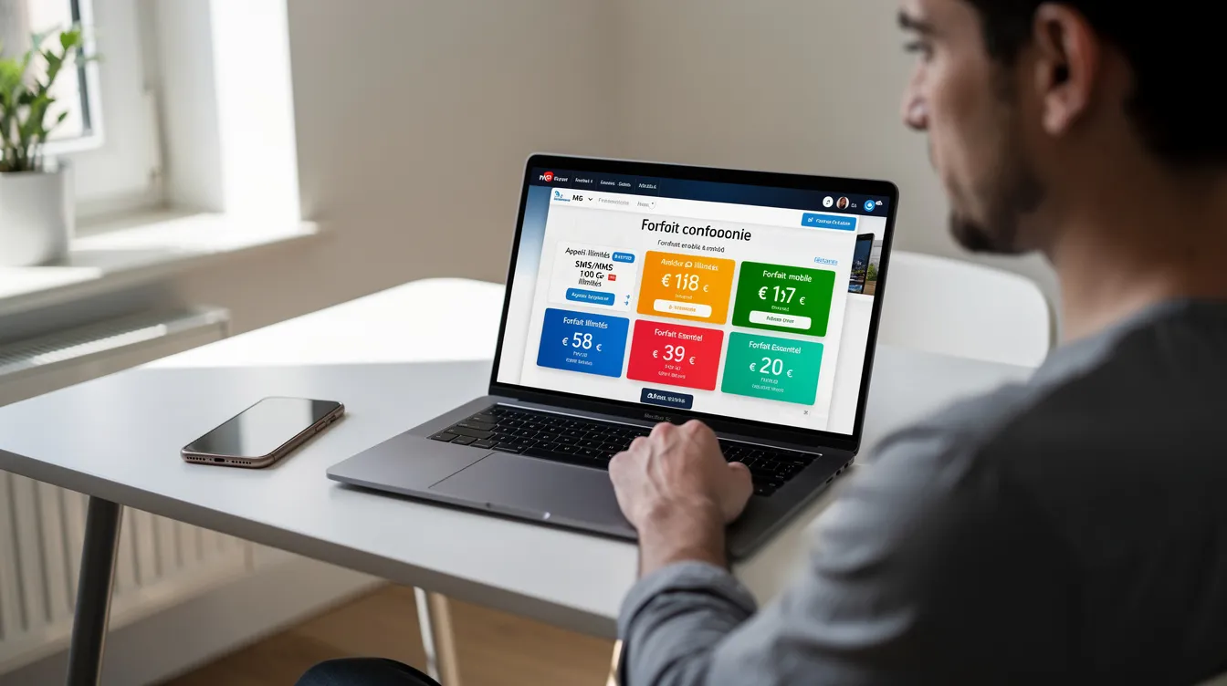 Une personne est assise devant un ordinateur portable, comparant différents forfaits mobiles, y compris des options avec des appels et textos illimités et des données illimitées. L'image illustre la recherche d'offres de téléphonie mobile, mettant en avant l'importance de choisir le bon forfait selon les besoins personnels.