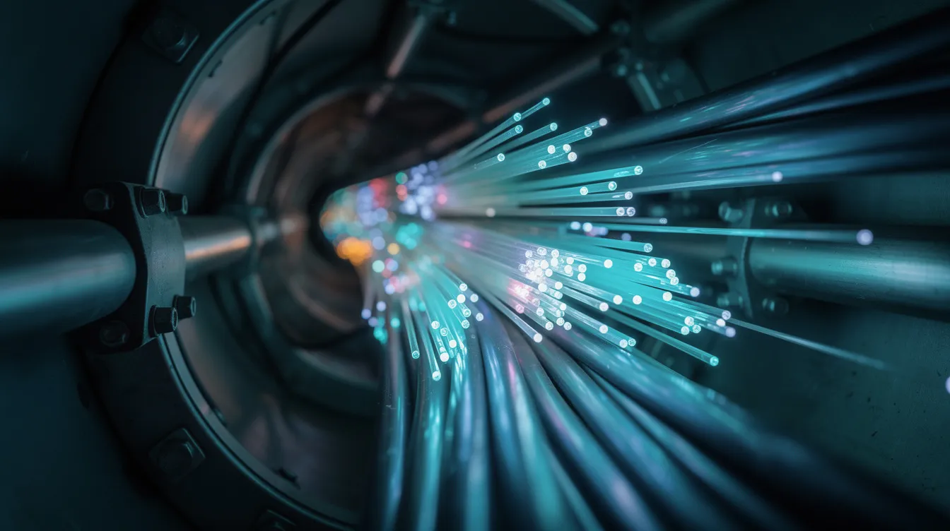 L'image montre des câbles de fibre optique lumineux soigneusement disposés à l'intérieur d'un conduit technique, symbolisant la sécurité et la performance des services de télécommunication. Ces câbles sont essentiels pour garantir un accès rapide à internet et aux services de télécommunication au Québec.