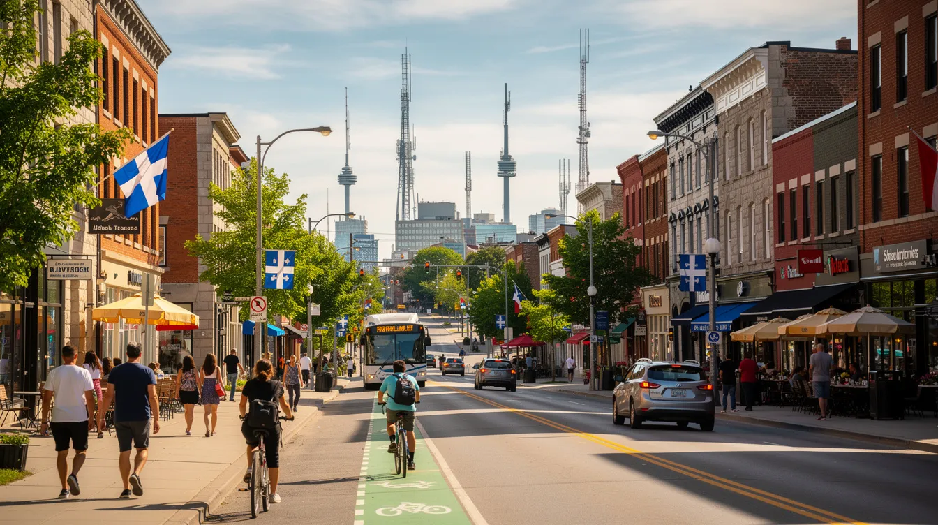 Une rue animée de Montréal est visible, avec des passants se déplaçant et des boutiques ouvertes, tandis que des tours de télécommunication se dressent en arrière-plan, symbolisant les services de télécommunication essentiels dans la province. Cette scène évoque l'importance des fournisseurs d'accès Internet et des forfaits de téléphonie mobile pour les consommateurs canadiens.
