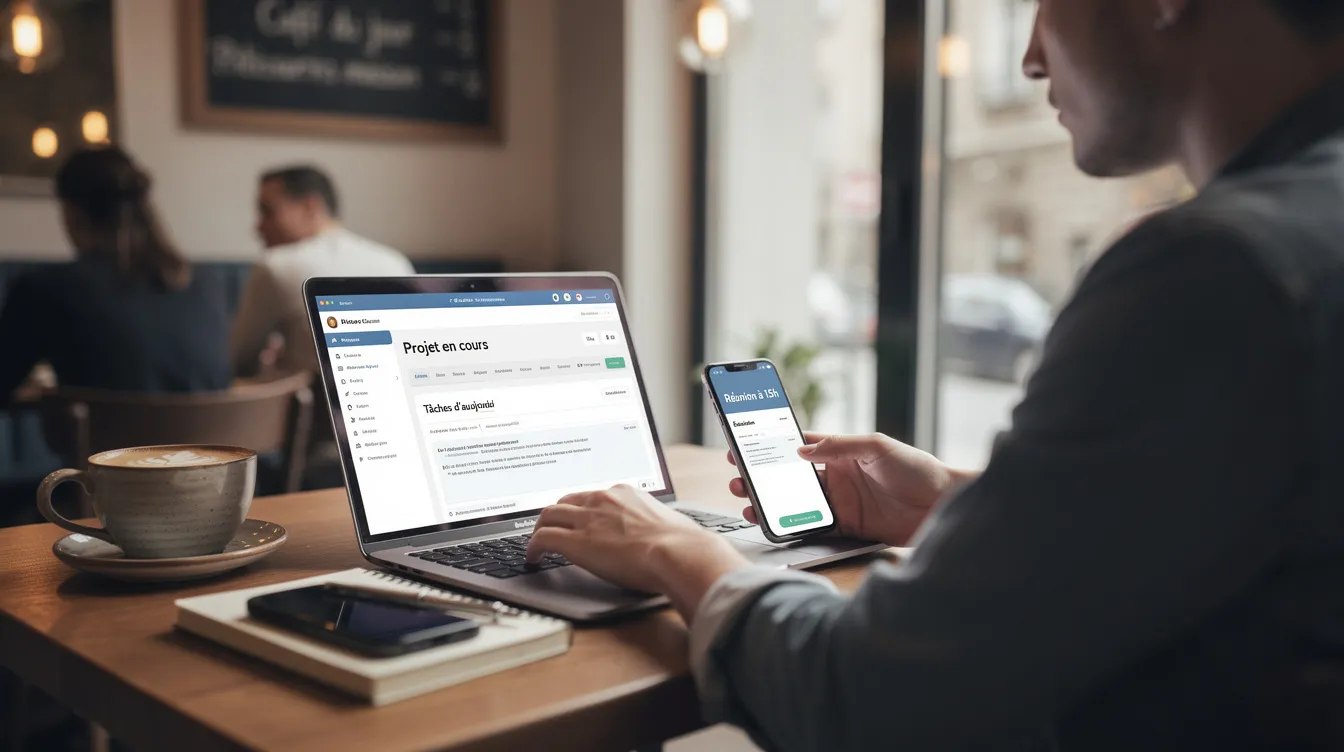 Une personne travaille à distance dans un café, utilisant un ordinateur portable et un téléphone mobile. L'ambiance est détendue, avec des clients autour, tandis qu'elle accède à Internet via le Wi-Fi pour gérer ses tâches professionnelles.