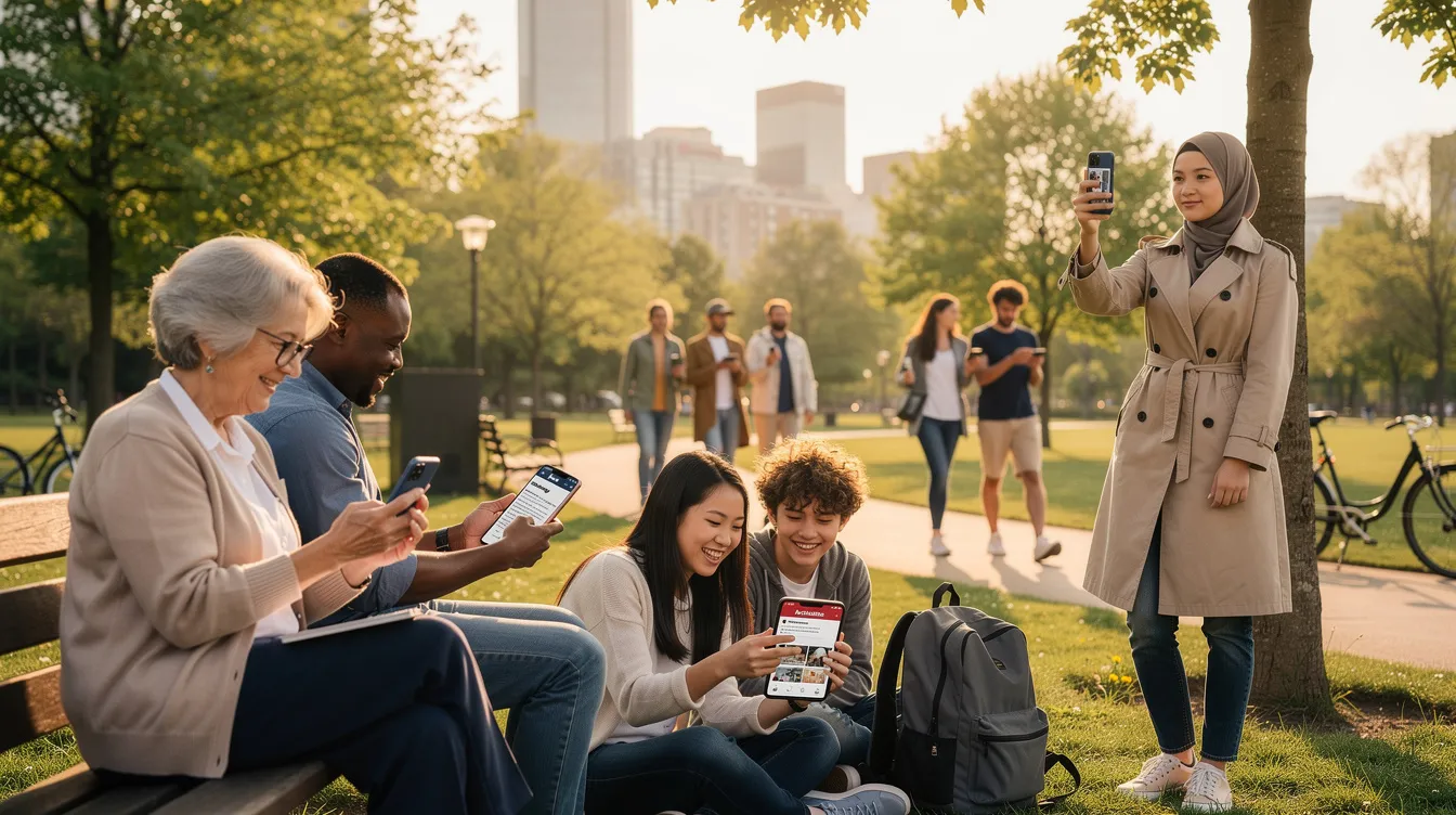 Un groupe diversifié de personnes de différents âges se trouve dans un parc urbain, chacun utilisant son smartphone. On peut voir des jeunes et des personnes âgées interagir avec leurs appareils, illustrant l'importance de la connectivité mobile et des forfaits offerts par des fournisseurs comme Koodo et Fizz pour rester en contact dans la région.