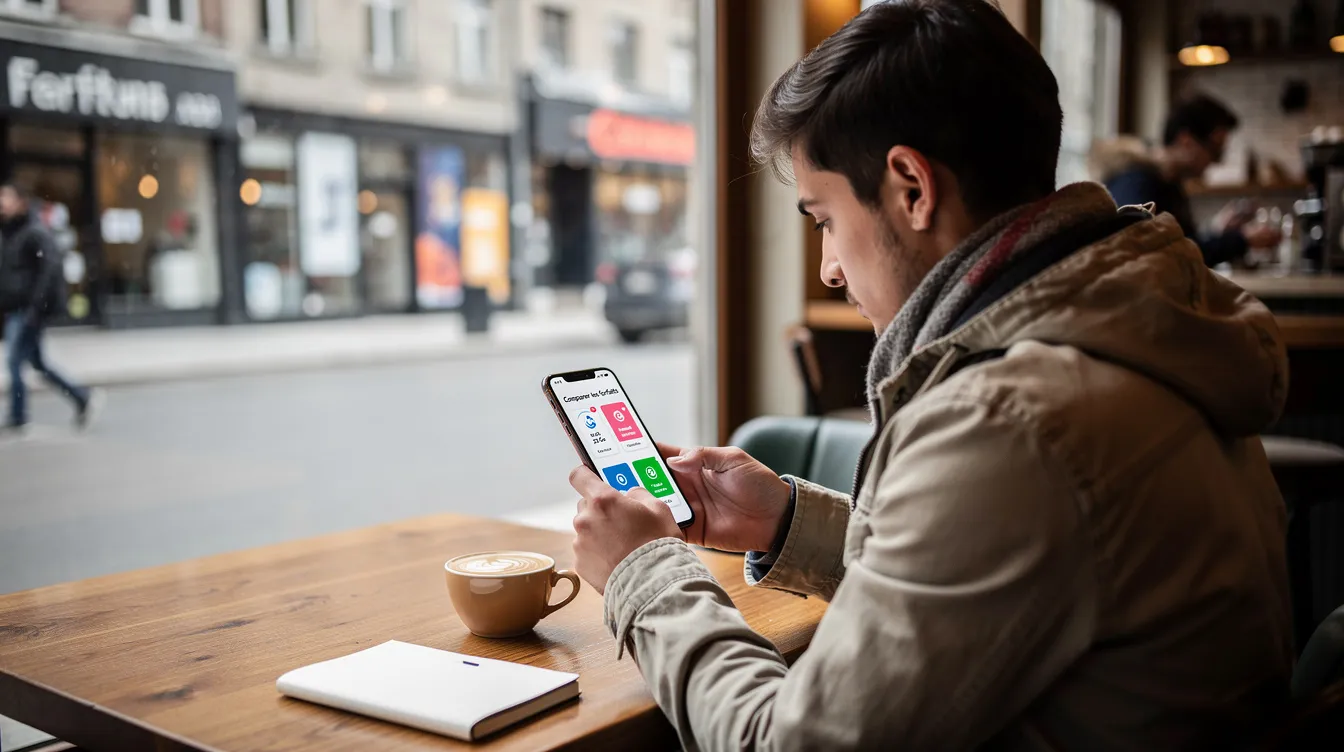 Une personne est assise dans un café à Montréal, en train de comparer différents forfaits mobiles sur son smartphone, examinant des options comme Fizz et Koodo. L'ambiance du café est animée, et on peut voir des tasses de café sur la table à côté de son appareil.