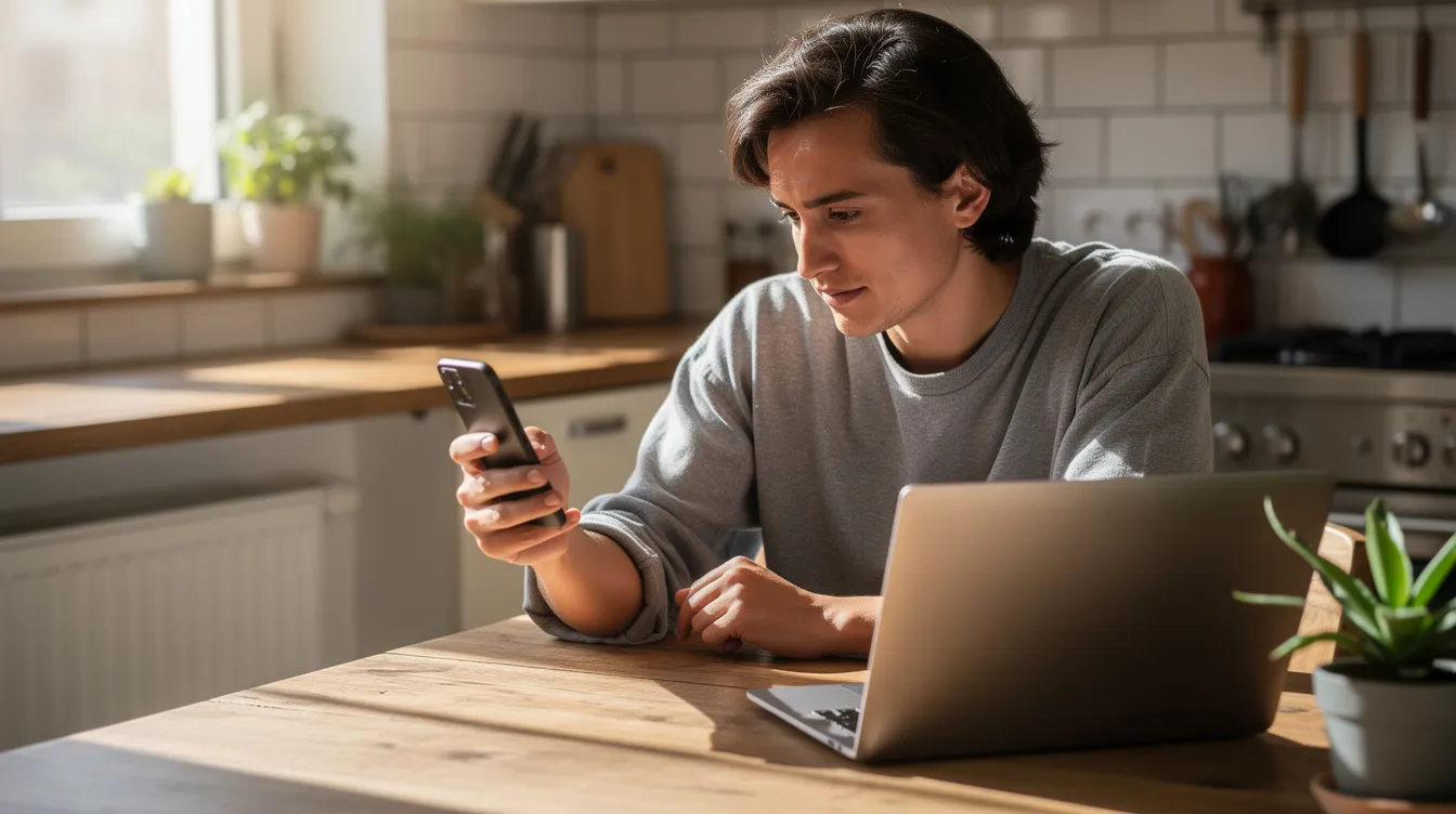Une personne est assise à une table de cuisine, consultant son téléphone mobile tout en ayant un ordinateur portable ouvert devant elle. L'image illustre l'utilisation des technologies modernes pour gérer des forfaits télécom et accéder à des informations sur les services et les options disponibles.