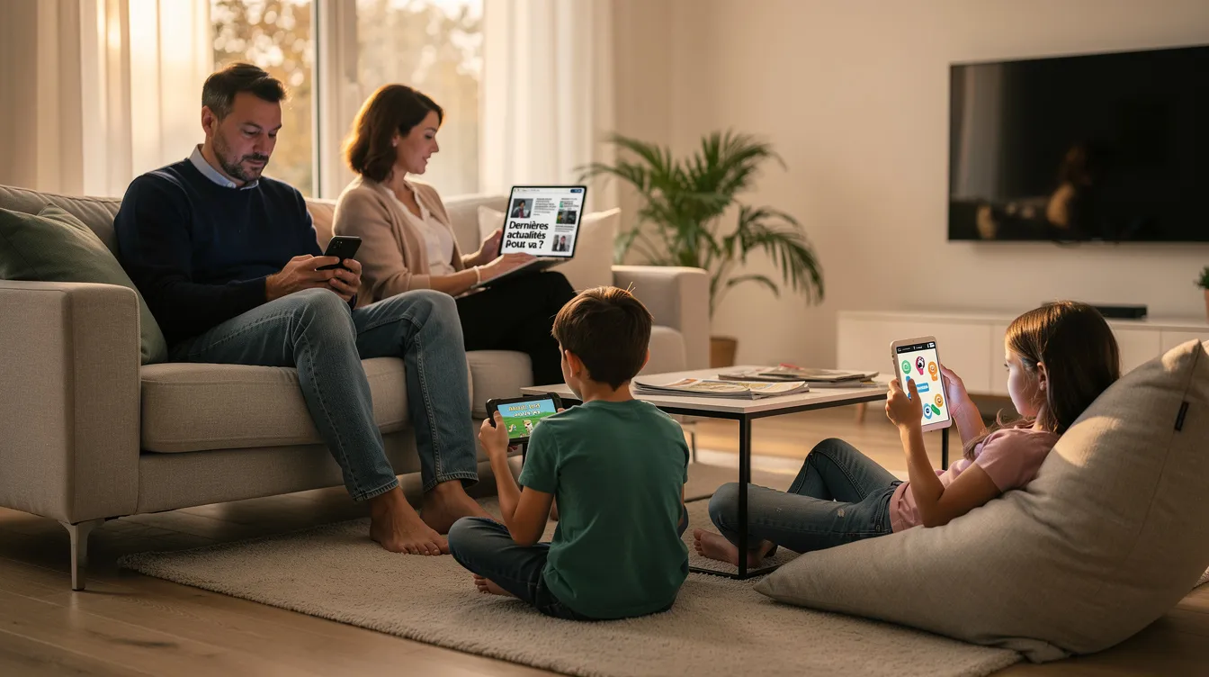 Une famille de quatre personnes est assise dans un salon moderne, chacun utilisant un téléphone mobile pour accéder à internet. L'ambiance est conviviale, avec des appareils connectés au Wi-Fi, illustrant l'importance des forfaits télécom pour rester en contact et profiter des services numériques.