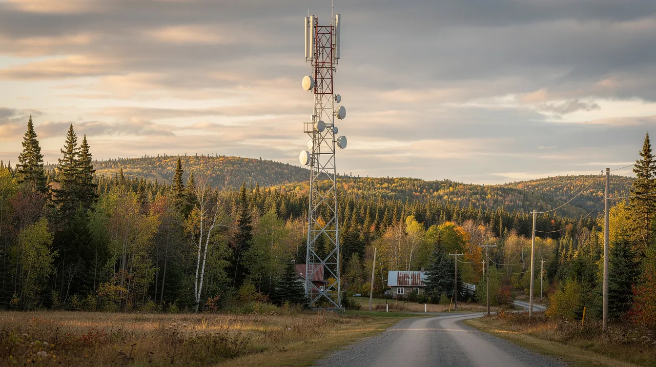 Une tour de télécommunication se dresse majestueusement dans un paysage rural québécois, entourée de collines verdoyantes et de forêts denses. Ce réseau essentiel, qui pourrait offrir des services comme le 5G, est un élément clé pour les forfaits mobiles de fournisseurs tels que Fizz, Koodo ou Telus dans la région.